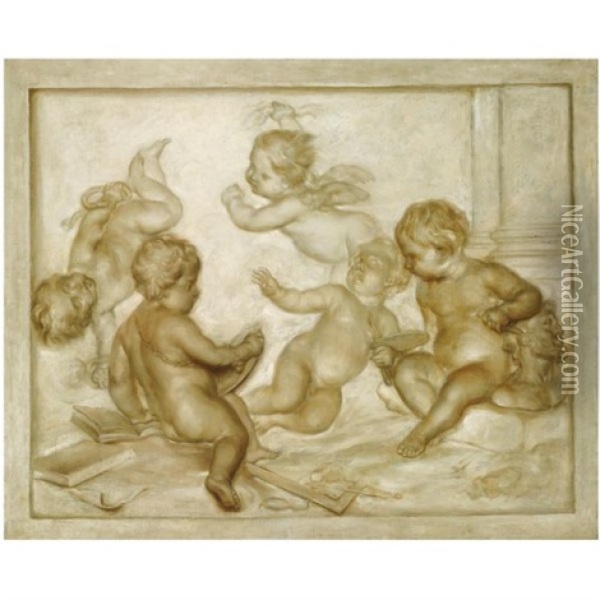 Five Putti Representing An Allegory Of The Arts Oil Painting - Marten Jozef Geeraerts