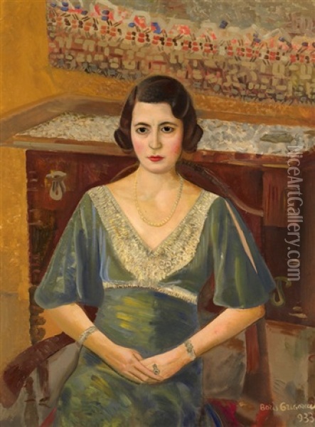 Lady In A Green Dress Oil Painting - Boris Dmitrievich Grigoriev