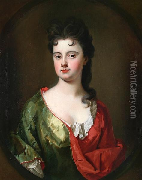 Portrait Of Mary Purg (mrs 
Thomas Walford), Wearing A Green Dress With Red Undergarment, In A 
Feigned Oval Oil Painting - Michael Dahl
