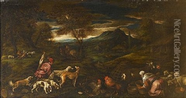 An Extensive River Landscape With A Huntsman And His Dogs, A Washerwoman With Chickens, Sheep And Goats Nearby Oil Painting - Francesco Bassano the Younger