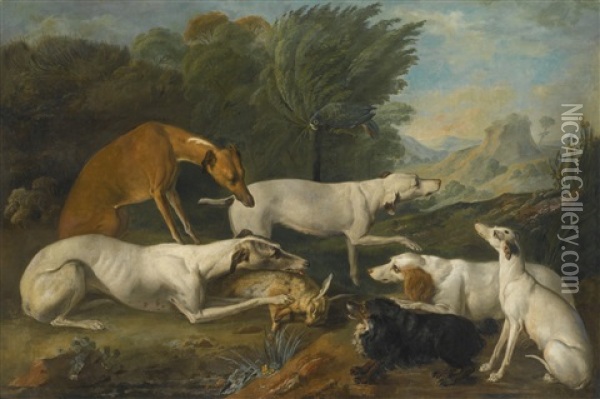 Dogs In A Landscape With Their Catch Oil Painting - Jacques Charles Oudry