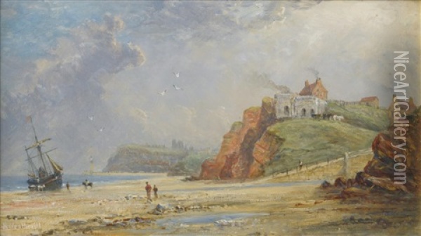 Whitby From Upgang Showing The Two Lime-kiln There In 1853, Before The East Pier Lighthouse Was Built Oil Painting - Richard Weatherill
