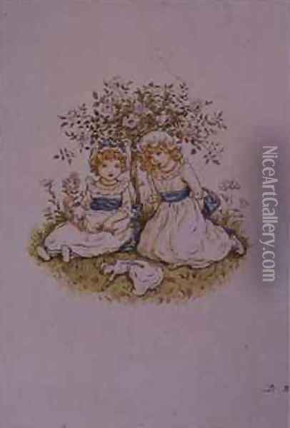 Two Girls with Dolls sitting under a rose bush Oil Painting - Kate Greenaway