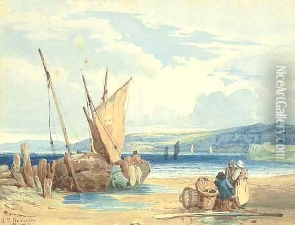 A coastal landscape at low tide with fisherfolk and beached vessels Oil Painting - Richard Parkes Bonington