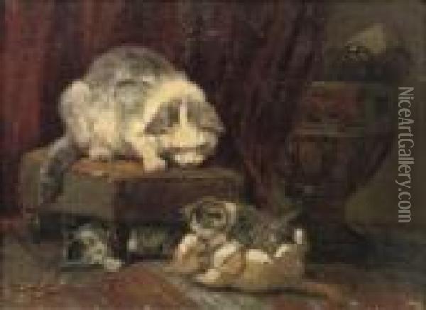 A Mother Cat Watching Her Kittens Play Oil Painting - Henriette Ronner-Knip