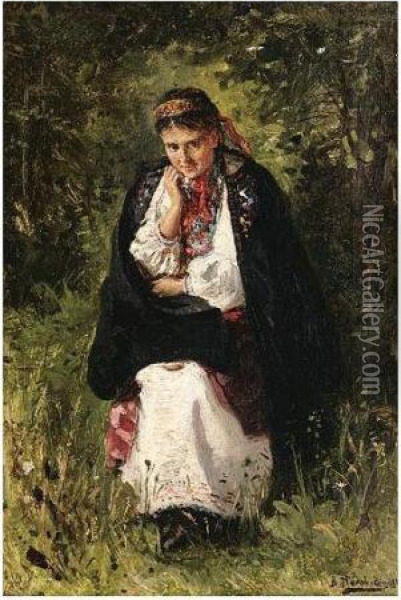 Young Woman In The Garden Oil Painting - Vladimir Egorovic Makovsky