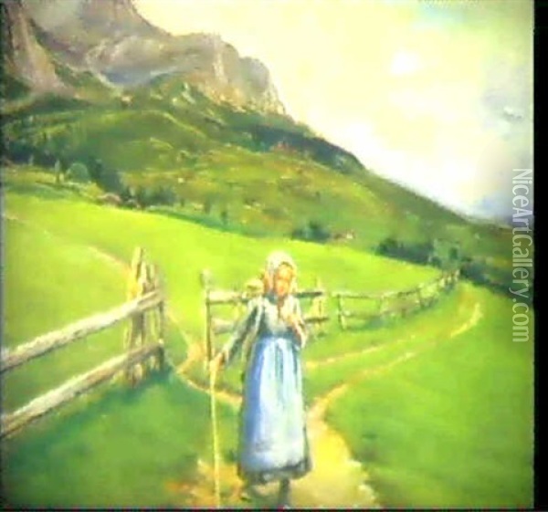 Schachentaler Windgelle Mit Heimkehrendem Bauernmadchen Oil Painting - Joseph Klemens Kaufmann