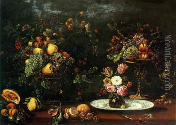 Still Life, Parakeet On A Branch, Flowers, Fruit And Lizard On A Table Oil Painting - Balthasar Van Der Ast