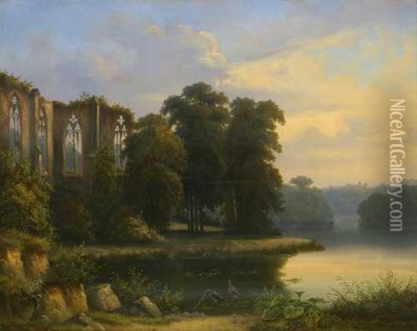 Gotische Kirchenruine In Abendlicher Flusslandschaft Oil Painting - Josef-Carl Ettinger