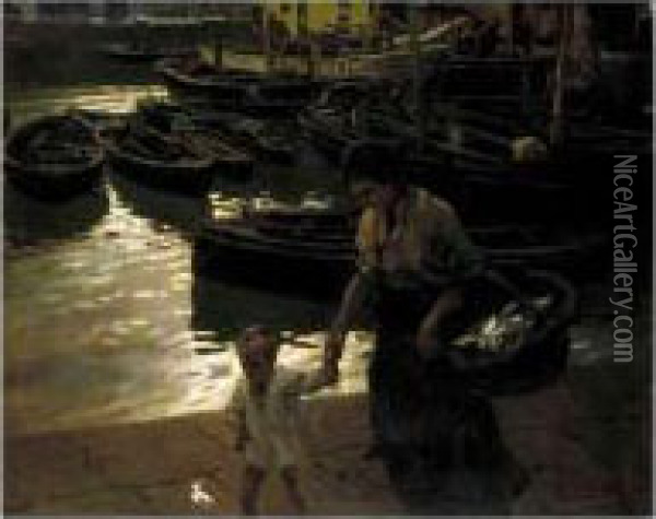 La Sardinera (the Fisherwoman) Oil Painting - Enrique Martinez Cubells y Ruiz
