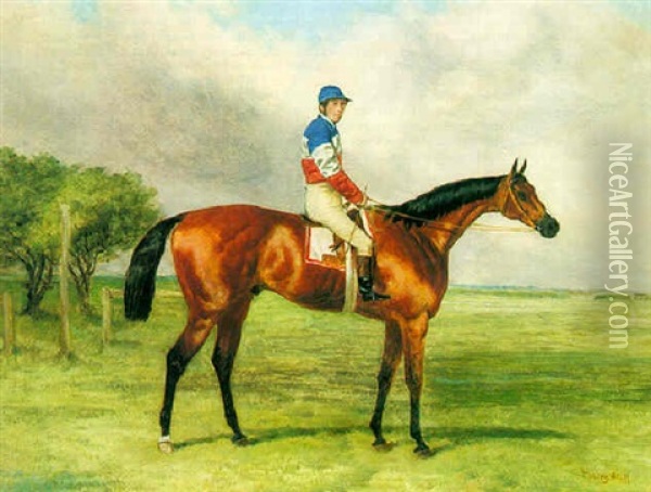 Mr. T. Lombard's Bay Racehorse With Jockey Up In A Landscape Oil Painting - Harry Hall