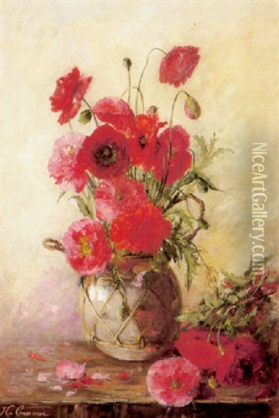 Roter Mohnblumenstraus In Irdenem Gefas, Sonnig Beleuchtet Vor Hellem Hintergrund Oil Painting - Helene Cramer