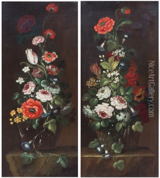 A Still Life Of Flowers In A Glass Vase, A Pair Oil Painting - Domenico Bettini