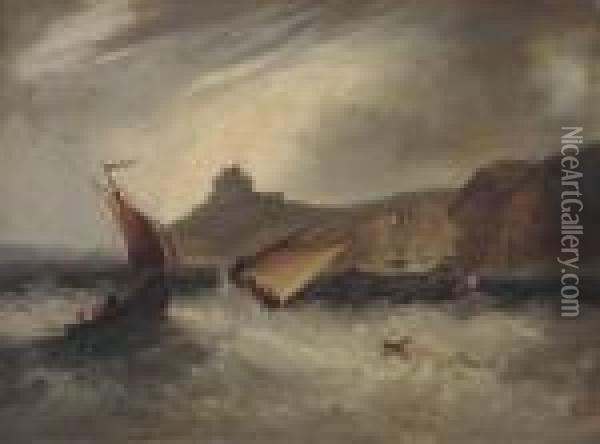 Fishing Boats In A Heavy Swell Off A Fortified Headland Oil Painting - Frederick Calvert