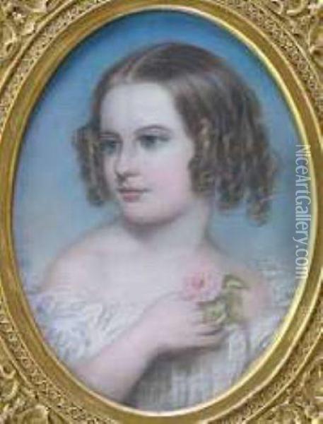Young Girl Holding A Pink Rose Oil Painting - Alfred Taylor