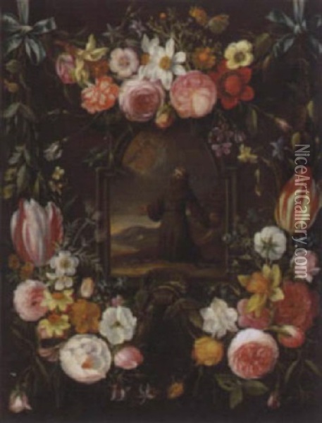 Franz Von Assisi Umgeben Von Blumengirlanden Oil Painting - Daniel Seghers