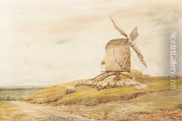 Windmill And Sheep Oil Painting - Claude Hayes