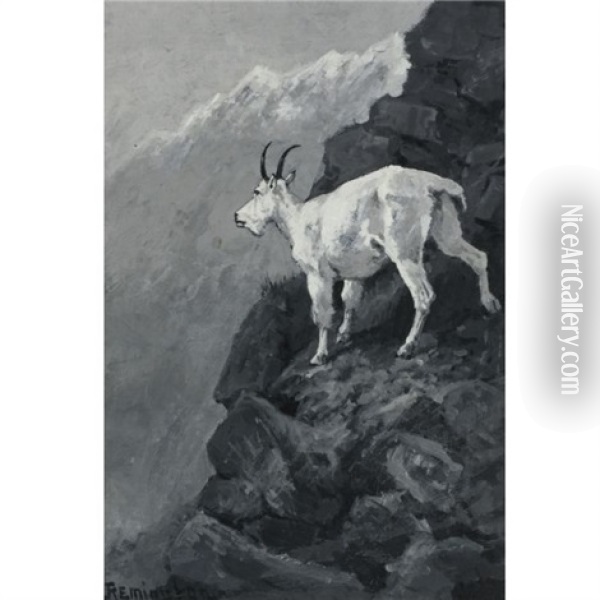 The White Goat At Home (mountain Goat On A Rocky Ledge; Rocky Mountain Goat) Oil Painting - Frederic Remington