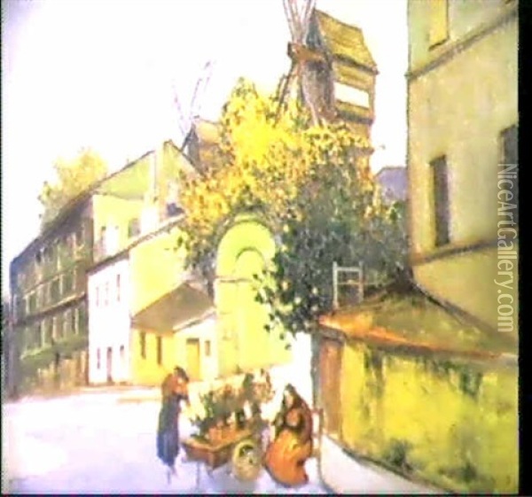Monmartre, La Marchande De Fleurs Pres Du Moulin De La      Galette, 1918 Oil Painting - Pierre De Belay