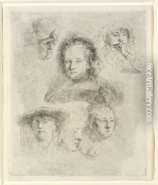 Studies Of The Head Of Saskia And Others (b., Holl.365; H.145; Bb.36-b) Oil Painting - Rembrandt Van Rijn
