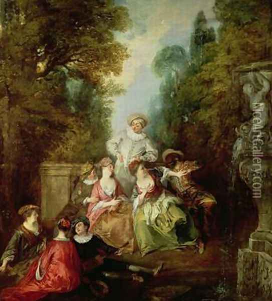 Italian Comedians by a Fountain Oil Painting - Nicolas Lancret