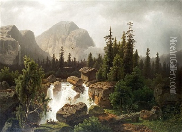 Am Wasserfall In Den Alpen Oil Painting - Theodor (Wilhelm T.) Nocken