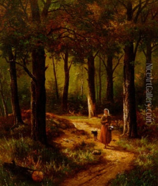 Junge Frau Mit Ihrem Hund Auf Einem Waldweg Oil Painting - Hendrik Pieter Koekkoek