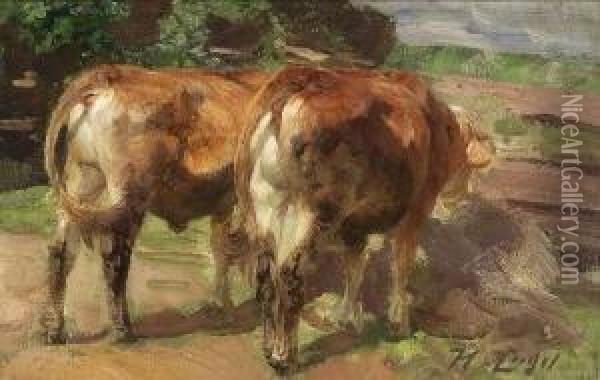 Kuhe Am Gatter Oil Painting - Heinrich Johann Von Zugel