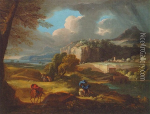 An Extensive Italianate Landscape With Travellers In A Storm Oil Painting - Gaspard Dughet