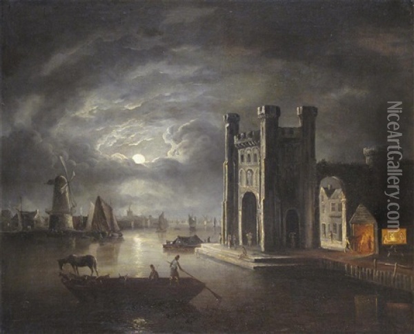 A Moonlit Estuary With A Forge Near A Castle, Windmills And A Town Beyond Oil Painting - Abraham Pether
