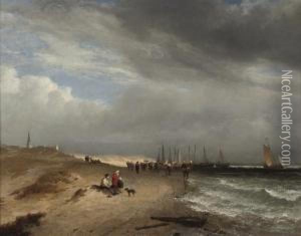 Figures On The Beach At Scheveningen Watching The Fishing Fleet Return Oil Painting - Alfred George Stannard
