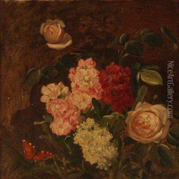 A Bunch Of Flowers And A Butterfly Oil Painting - Andreas Peter Madsen