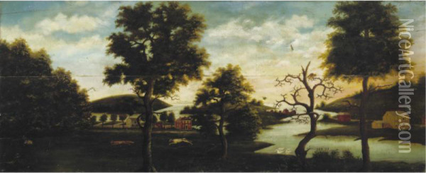 A Landscape With Trees, Red And Yellow Houses On A Lake , Hound Pursuing A Red Fox Oil Painting - Winthrop Chandler