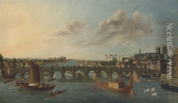 The Royal Barge Passing Beneath Westminster Bridge Oil Painting - William James
