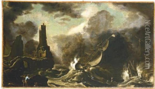 A Stormy Seascape With Jonah And The Whale Oil Painting - Agostino Tassi