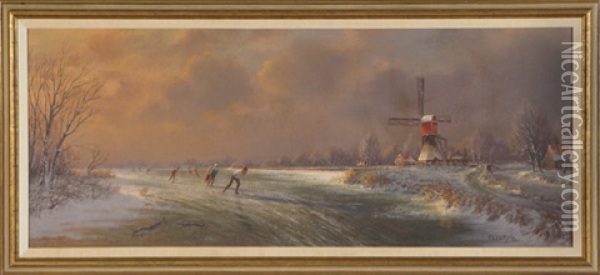 Ice Skaters At Sunset With Wind Mill And Farm Houses In Background Oil Painting - Jacobus Leonardus Van Der Meide