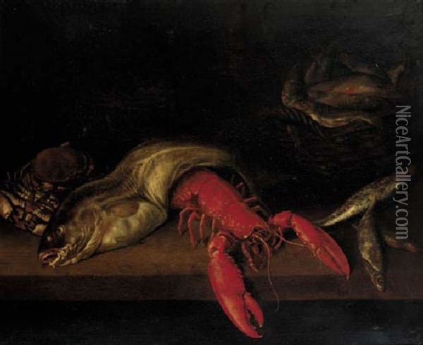 A Lobster, A Cod, A Crab And Other Fish With A Basket Of Fish On A Ledge Oil Painting - Abraham van Beyeren