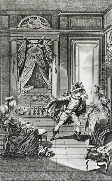I am going to kill him..., scene from act II of The Marriage of Figaro by Pierre-Augustin Caron de Beaumarchais 1732-99 engraved by Claude Nicolas Malapeau 1755-1803 1785 Oil Painting - Jacques-Philip-Joseph de Saint-Quentin