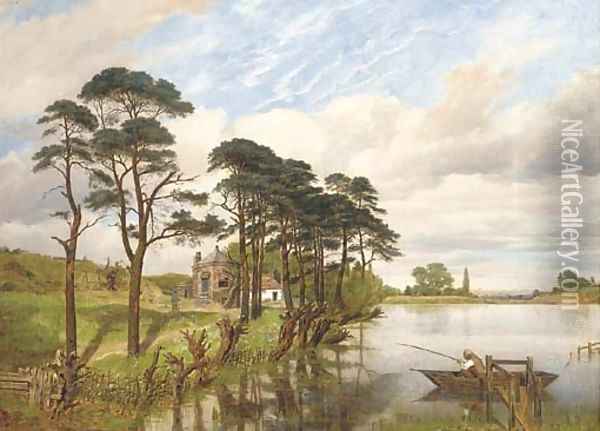 A fisherman in a lake landscape Oil Painting - William Mulready