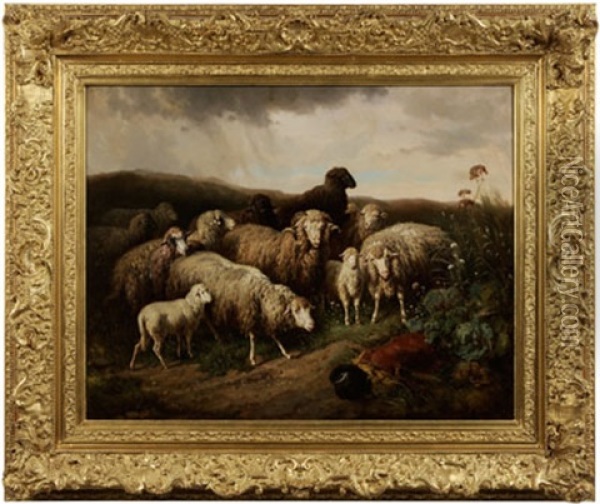 Sheep In A Stormy Landscape Oil Painting - Louis (Ludwig) Reinhardt