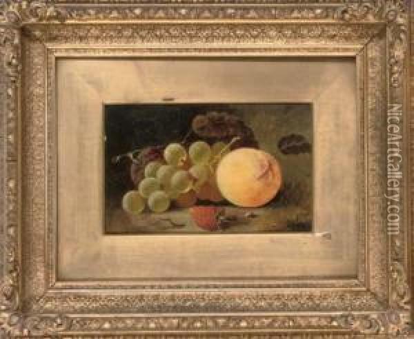 Grapes, A Plum, Peach And Strawberry On A Mossy Bank Oil Painting - James Poulton