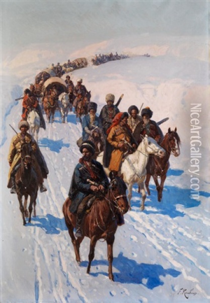 Reiterzug Heimkehrender Kosaken In Tief Verschneiter Winterlandschaft Oil Painting - Franz Roubaud
