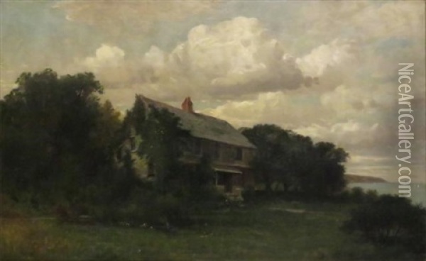 Farmhouse By A Lake Oil Painting - James Brade Sword