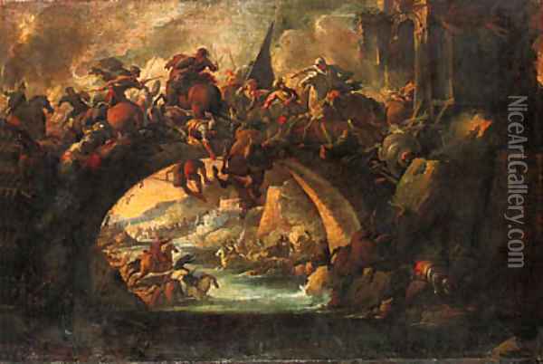 A battle on a bridge during a siege Oil Painting - Francesco Graziani, Called Ciccio