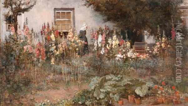 Cottage Garden With Hollyhocks Oil Painting - Frans David Oerder