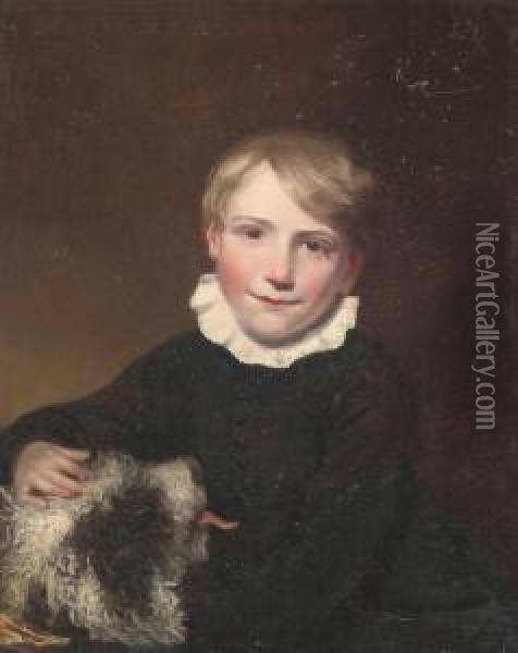 Portrait Of A Boy, Half-length, In A Black Coat And White Ruff, His Dog At His Side Oil Painting - William Mulready