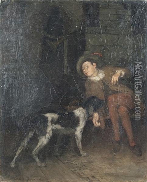 Sleeping Man With Dog Oil Painting - Heinrich Breling