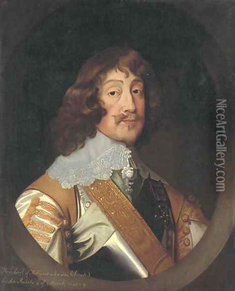 Portrait of Henry Rich, 1st. Earl of Holland (1590-1641), bust-length, in a breast plate and lace collar, painted oval Oil Painting - Sir Anthony Van Dyck
