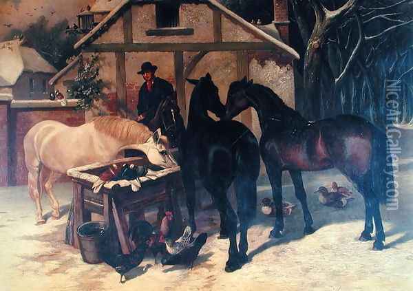 At the Water Trough in Winter Oil Painting - John Frederick Herring Snr
