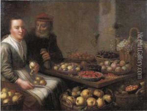 A Kitchen Interior With A 
Peasant Woman Peeling A Pear, At A Tablewith Grapes, Plums, 
Blackberries, Cherries And Other Fruits Onearthenware Plates, An Old Man
 Offering Her A Money Bag Besideher Oil Painting - Floris Gerritsz. van Schooten